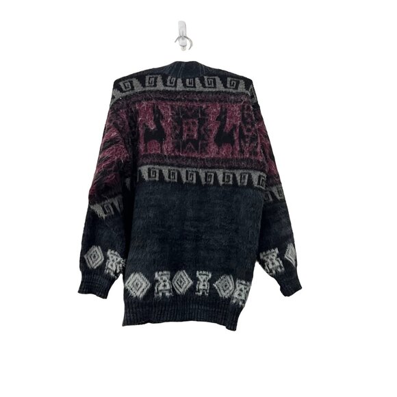 Womens Black Burgundy Alpaca Wool Blend Furry Greek Key Boho Cardigan Size L - Picture 3 of 5